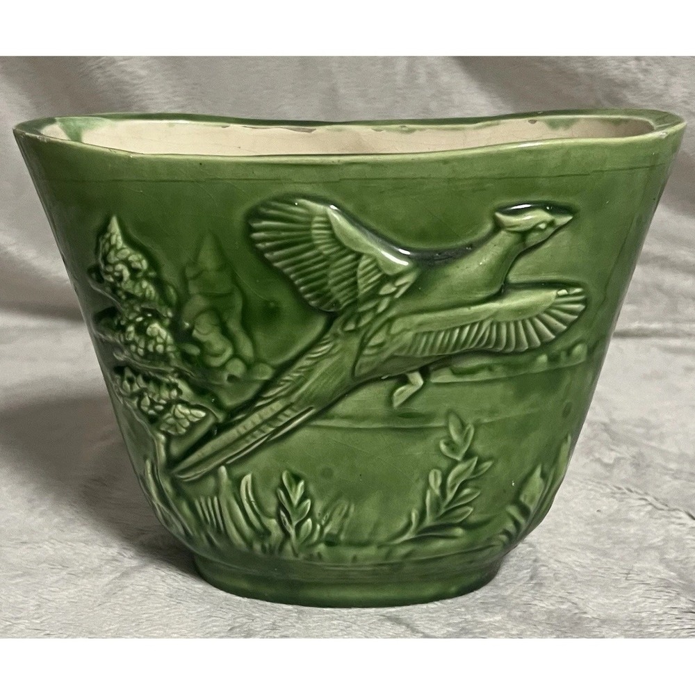 Handmade Ceramic Green Pheasant In Flight Planter Rare Window Sill Fan Shape MS